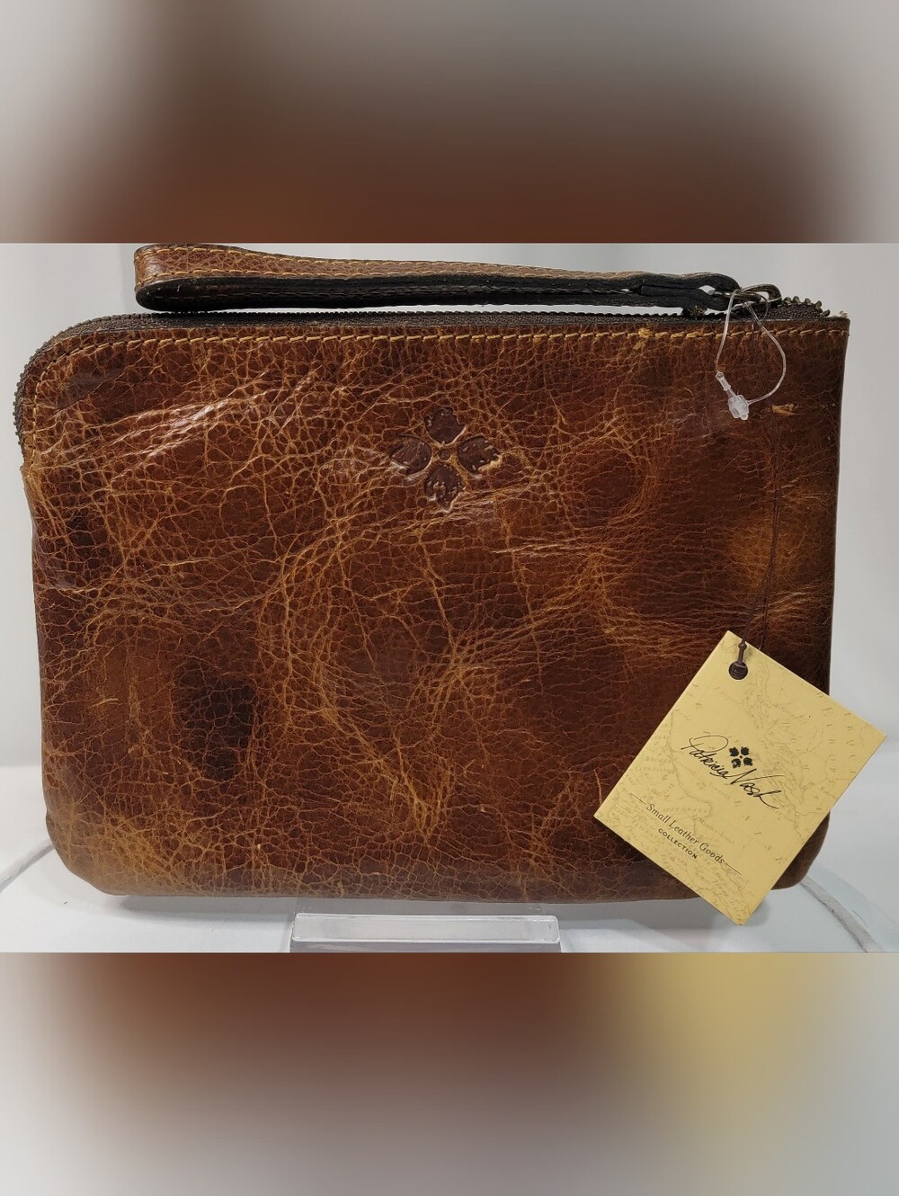 COACH CF458 Large Corner Zip Wristlet Stamped Leather Clutch Khaki Chalk.